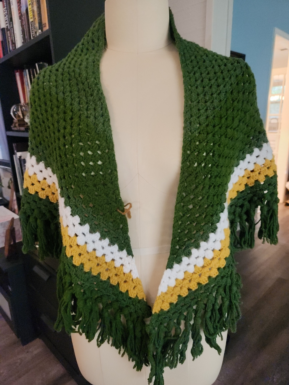 Crochet Fringe Shawl Cape in Green, White & Yellow